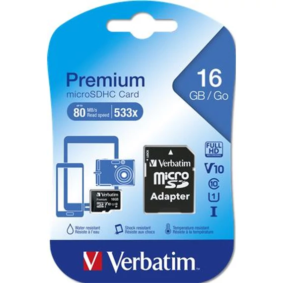 VERBATIM "Premium" Memóriakártya, microSDHC, 16GB, CL10/U1, 45/10 MB/s, adapter,