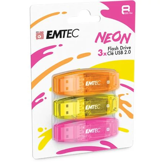 EMTEC "C410 Pendrive, 8GB, 3 db, USB 2.0, Neon", narancs, citromsárga, rózsaszín