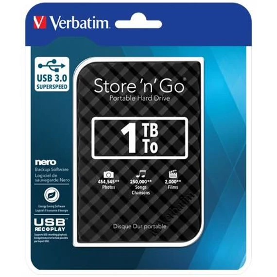 VERBATIM ”Store n Go”, 2,5” HDD (merevlemez), 1TB, USB 3.0, fekete