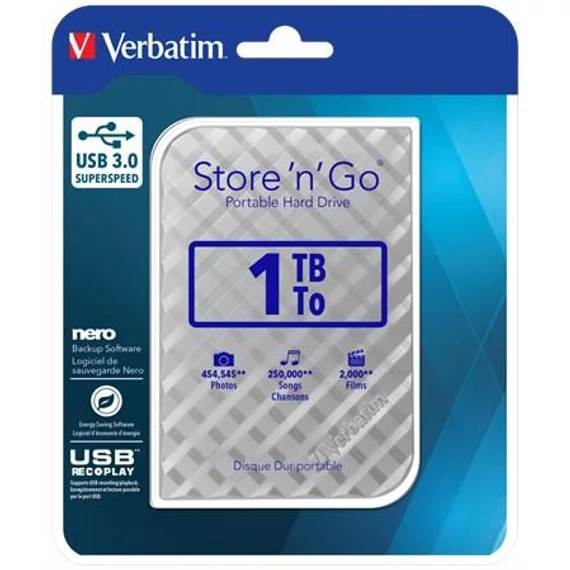 VERBATIM ”Store n Go” 2,5” HDD (merevlemez), 1TB, USB 3.0, , ezüst