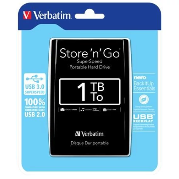 VERBATIM, 2,5” HDD (merevlemez), 1TB, USB 3.0, fekete