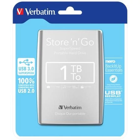 VERBATIM, 2,5” HDD (merevlemez), 1TB, USB 3.0, ezüst