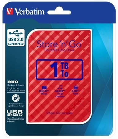 VERBATIM ”Store n Go”, 2,5” HDD (merevlemez), 1TB, USB 3.0, piros